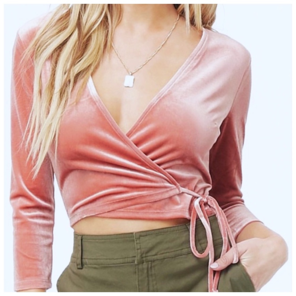 Forever 21 : size : M : mauve pink velvet v-neck 3/4 sleeve wrap crop top blouse
